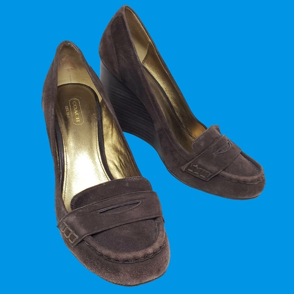Coach Brown Suede Wood Wedge Heel Size 8.5 B - Picture 1 of 16